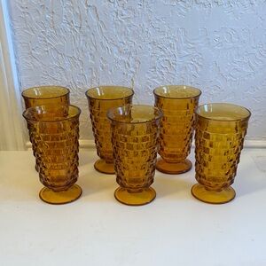 Indiana Glass 1960s Whitehall Cubist Amber Ice Tea 6" Footed Goblets Set of 6